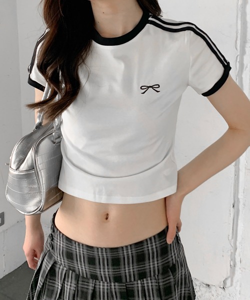 lilful(リルフル)の「サイドライン リボン刺繍 スポーティー リンガー半袖ピチTシャツ(Tシャツ/カットソー・レディース・ホワイト・L/M)」の12枚目の写真