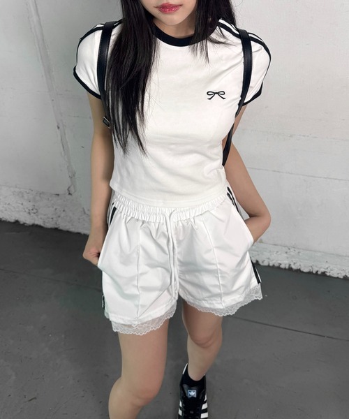 lilful(リルフル)の「サイドライン リボン刺繍 スポーティー リンガー半袖ピチTシャツ(Tシャツ/カットソー・レディース・ホワイト・L/M)」の6枚目の写真