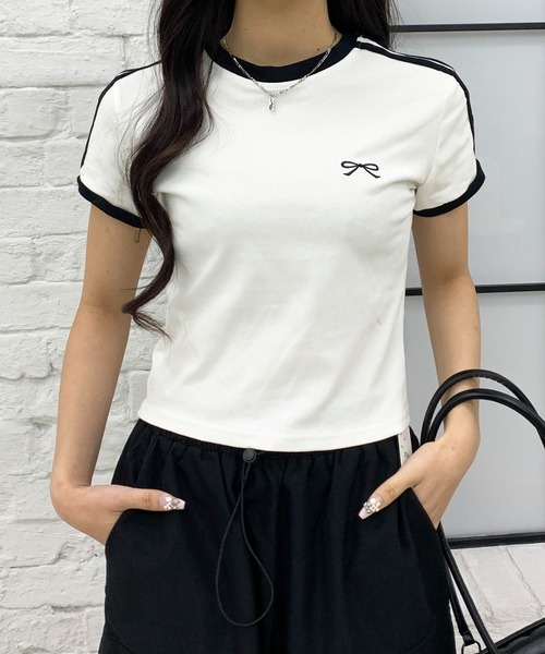lilful(リルフル)の「サイドライン リボン刺繍 スポーティー リンガー半袖ピチTシャツ(Tシャツ/カットソー・レディース・ホワイト・L/M)」の15枚目の写真