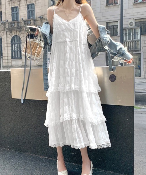 Miniministore（ミニミニストア）の「ティアードキャミワンピース レースワンピ（ワンピース・レディース・ブラック/ラベンダー/ホワイト・FREE）」の6枚目の写真