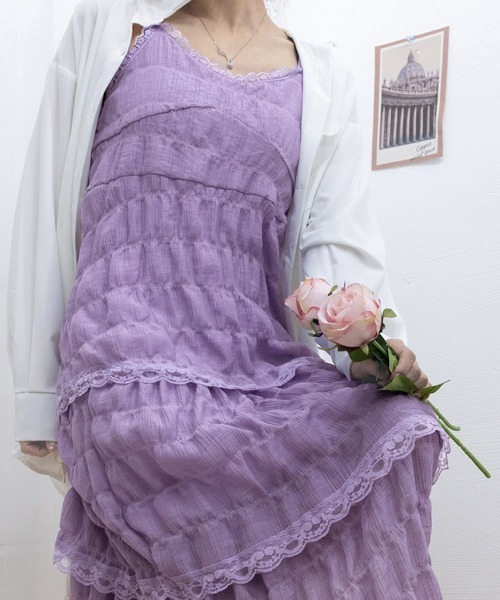 Miniministore（ミニミニストア）の「ティアードキャミワンピース レースワンピ（ワンピース・レディース・ブラック/ラベンダー/ホワイト・FREE）」の8枚目の写真