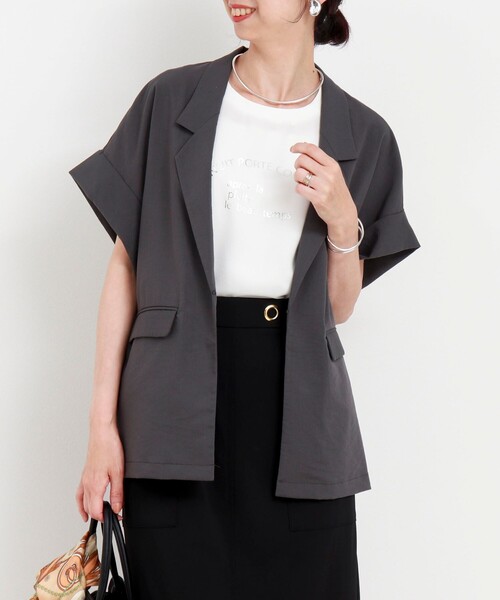 MICO COULIER（ミコクリエ）の「ナイロンストレッチジャケット（テーラードジャケット・レディース・ブラック/ベージュ/チャコールグレー・38）」の2枚目の写真