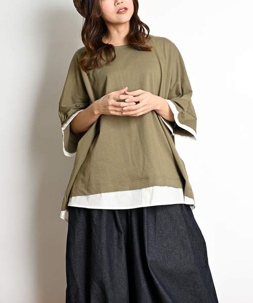 MARAI(マーライ)の「異素材レイヤード オーバーサイズTシャツ(Tシャツ/カットソー・レディース・ブラック/カーキ/グレー/ブラウン・4L~5L/LL~3L/M~L)」の4枚目の写真