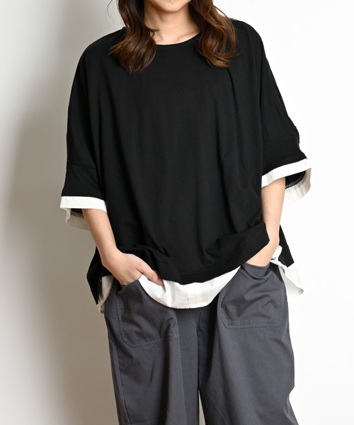 MARAI(マーライ)の「異素材レイヤード オーバーサイズTシャツ(Tシャツ/カットソー・レディース・ブラック/カーキ/グレー/ブラウン・4L~5L/LL~3L/M~L)」の2枚目の写真