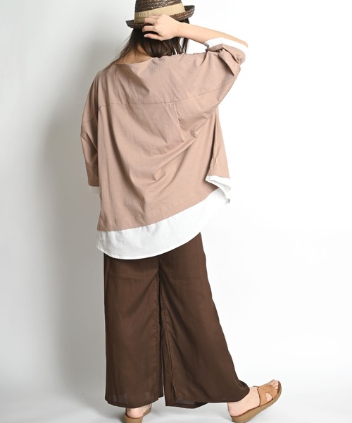 MARAI(マーライ)の「異素材レイヤード オーバーサイズTシャツ(Tシャツ/カットソー・レディース・ブラック/カーキ/グレー/ブラウン・4L~5L/LL~3L/M~L)」の12枚目の写真