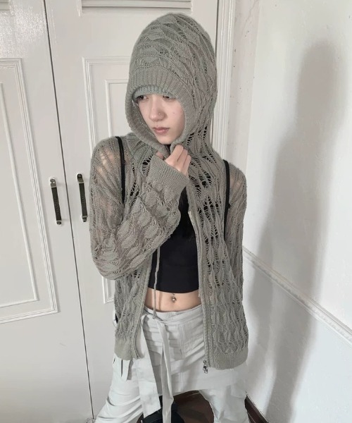 DIAVEL(ディアベル)の「【ユニセックス/透かし編み】フーディジップニットカーデ(カーディガン/ボレロ・レディース・グレー・F)」の10枚目の写真