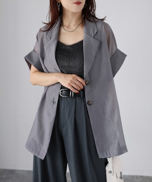 Riberry（リベリー）の「シアー半袖シャツジャケット（シャツ/ブラウス・レディース・アイボリー/ブラック/ブラウン/グレー・FREE）」の3枚目の写真