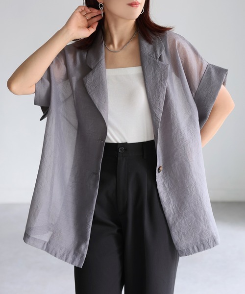 Riberry（リベリー）の「シアー半袖シャツジャケット（シャツ/ブラウス・レディース・アイボリー/ブラック/ブラウン/グレー・FREE）」の5枚目の写真