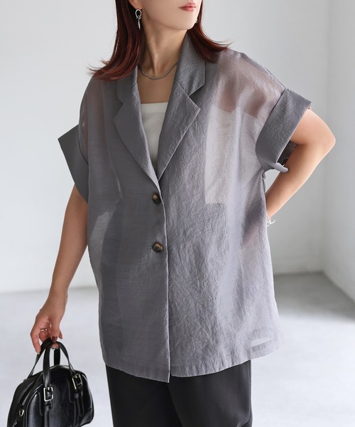 Riberry（リベリー）の「シアー半袖シャツジャケット（シャツ/ブラウス・レディース・アイボリー/ブラック/ブラウン/グレー・FREE）」の11枚目の写真