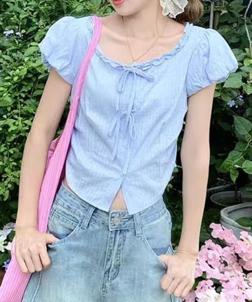 Achic(アシック)の「リボンフロントギャザーブラウス(シャツ/ブラウス・レディース・ホワイト/ピンク/ブルー・M)」の7枚目の写真