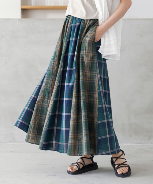 n'OrLABEL（ノアールレーベル）の「『チェック切替フレアスカート』（スカート・レディース・グリーン/ブラック・FREE）」の3枚目の写真
