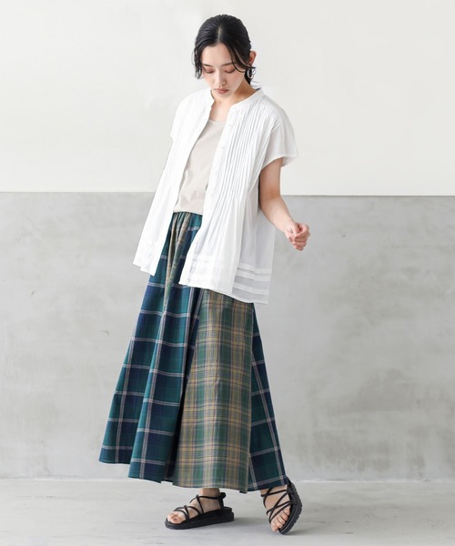 n'OrLABEL（ノアールレーベル）の「『チェック切替フレアスカート』（スカート・レディース・グリーン/ブラック・FREE）」の6枚目の写真
