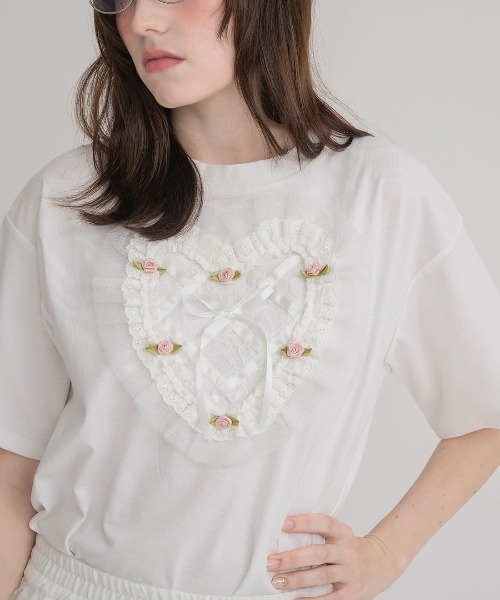Lace and tulle frill heart T-shirt（Tシャツ/カットソー）｜Lolime