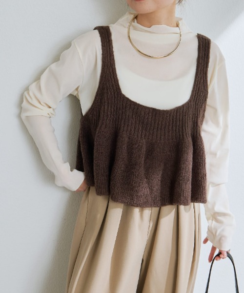 PUAL CE CIN（ピュアルセシン）の「リブ×畦ニットビスチェ（ベスト・レディース・ブラック/ダークブラウン/ベージュ・FREE）」の2枚目の写真