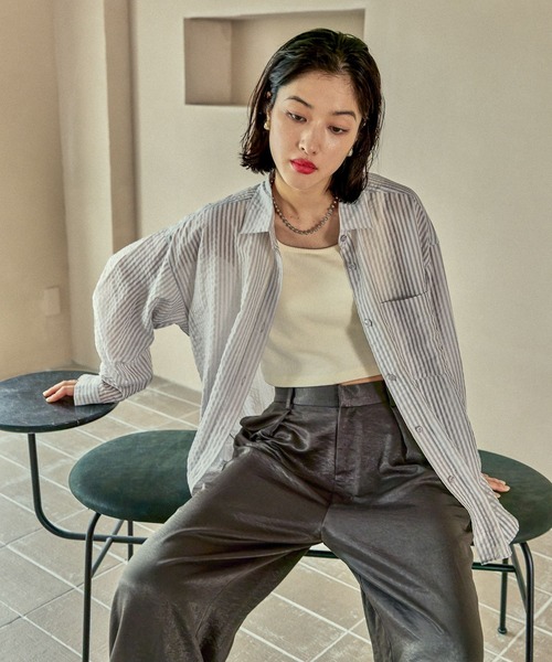 LEPSIM（レプシィム）の「シアーカラーストライプシャツ　579677（シャツ/ブラウス・レディース・ライトブルー/ライトグレー/ライトピンク/ベージュ・FREE）」の8枚目の写真