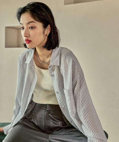 LEPSIM（レプシィム）の「シアーカラーストライプシャツ　579677（シャツ/ブラウス・レディース・ライトブルー/ライトグレー/ライトピンク/ベージュ・FREE）」の10枚目の写真