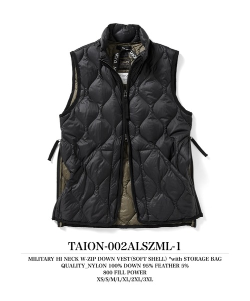 TAION(タイオン)の「【TAION(タイオン)】〈ユニセックス〉ミリタリー ハイネックWジップ ダウンベスト-ソフトシェル(ダウンベスト・メンズ・ブラック・L/M/S)」の2枚目の写真