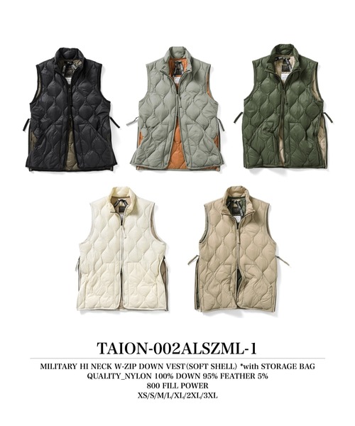 TAION(タイオン)の「【TAION(タイオン)】〈ユニセックス〉ミリタリー ハイネックWジップ ダウンベスト-ソフトシェル(ダウンベスト・メンズ・ブラック・L/M/S)」の5枚目の写真