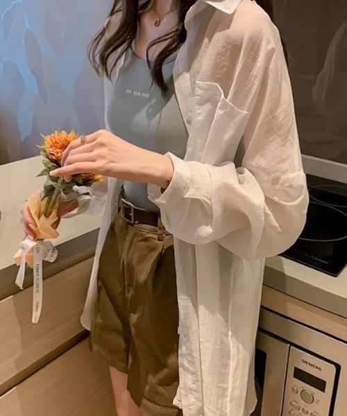 cammie(キャミー)の「セミシアーシャツ(シャツ/ブラウス・レディース・モスグリーン/ホワイト・LARGE/MEDIUM)」の1枚目の写真