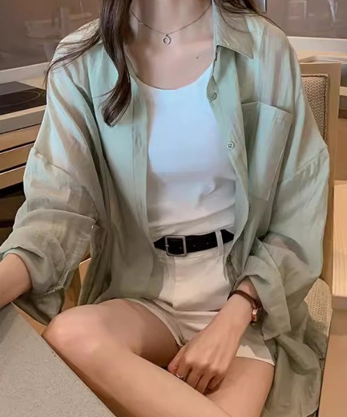 cammie(キャミー)の「セミシアーシャツ(シャツ/ブラウス・レディース・モスグリーン/ホワイト・LARGE/MEDIUM)」の7枚目の写真