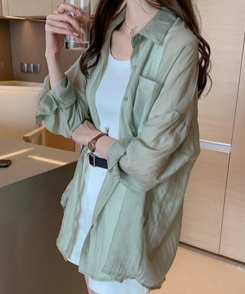 cammie(キャミー)の「セミシアーシャツ(シャツ/ブラウス・レディース・モスグリーン/ホワイト・LARGE/MEDIUM)」の10枚目の写真