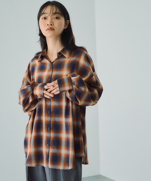 VICKY(ビッキー)の「オンブレーチェックオーバーサイズシャツ≪手洗い可能≫(シャツ/ブラウス・レディース・レッド系その他/ブラック系その他/オレンジ系その他・M)」の7枚目の写真