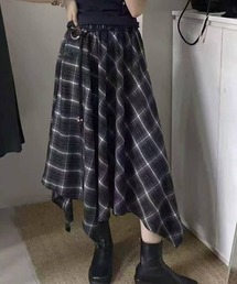 ベルト付き チェック柄 アシンメトリー ロング スカート