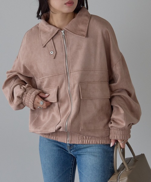 Fizz（フィズ）の「2wayカラー　スウェードポンチフライトジャケット（ブルゾン・レディース・アイボリー/ブラック/グレイッシュベージュ/ピンクベージュ/スミクロ・M）」の5枚目の写真