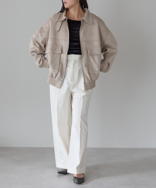 Fizz（フィズ）の「2wayカラー　スウェードポンチフライトジャケット（ブルゾン・レディース・アイボリー/ブラック/グレイッシュベージュ/ピンクベージュ/スミクロ・M）」の18枚目の写真