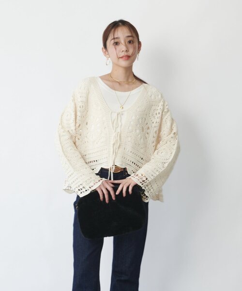un dix cors（アンディコール）の「《大人フェミニンな透け感カーデ》クロシェ長袖カーデ（カーディガン/ボレロ・レディース・アイボリー/ブラック・FREE）」の14枚目の写真