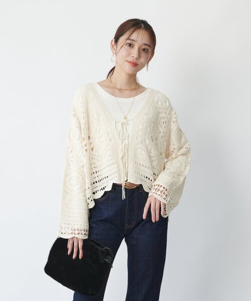 un dix cors（アンディコール）の「《大人フェミニンな透け感カーデ》クロシェ長袖カーデ（カーディガン/ボレロ・レディース・アイボリー/ブラック・FREE）」の15枚目の写真