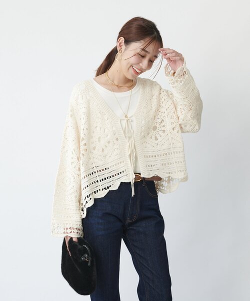 un dix cors（アンディコール）の「《大人フェミニンな透け感カーデ》クロシェ長袖カーデ（カーディガン/ボレロ・レディース・アイボリー/ブラック・FREE）」の16枚目の写真