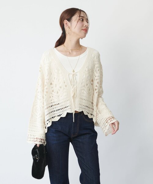 un dix cors（アンディコール）の「《大人フェミニンな透け感カーデ》クロシェ長袖カーデ（カーディガン/ボレロ・レディース・アイボリー/ブラック・FREE）」の17枚目の写真