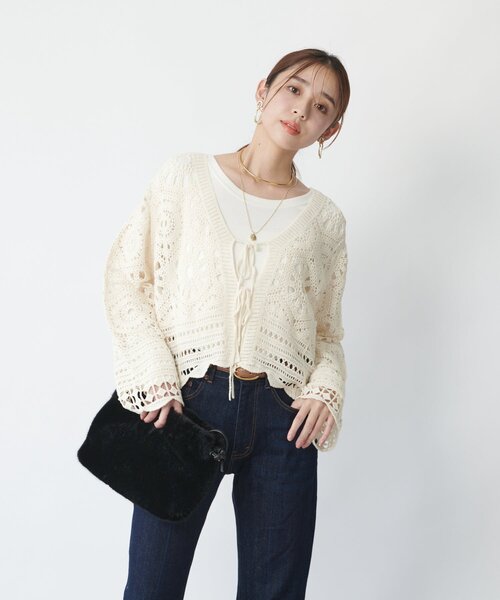 un dix cors（アンディコール）の「《大人フェミニンな透け感カーデ》クロシェ長袖カーデ（カーディガン/ボレロ・レディース・アイボリー/ブラック・FREE）」の18枚目の写真