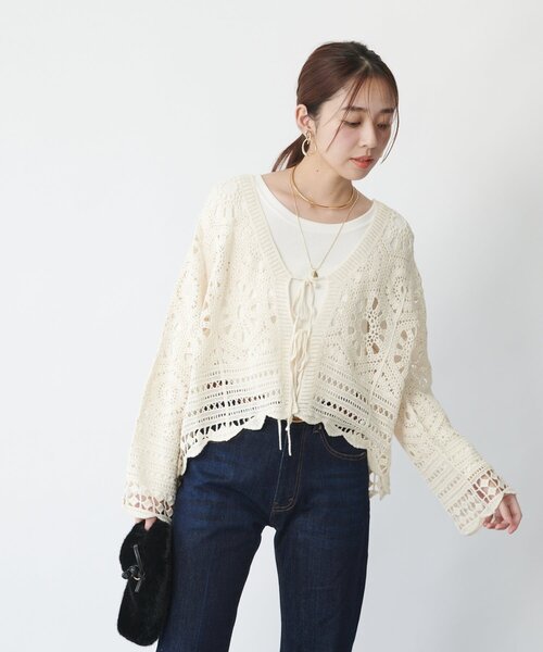 un dix cors（アンディコール）の「《大人フェミニンな透け感カーデ》クロシェ長袖カーデ（カーディガン/ボレロ・レディース・アイボリー/ブラック・FREE）」の19枚目の写真