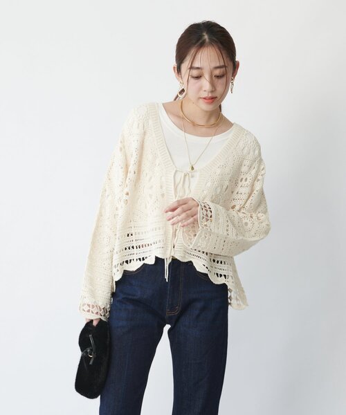 un dix cors（アンディコール）の「《大人フェミニンな透け感カーデ》クロシェ長袖カーデ（カーディガン/ボレロ・レディース・アイボリー/ブラック・FREE）」の20枚目の写真