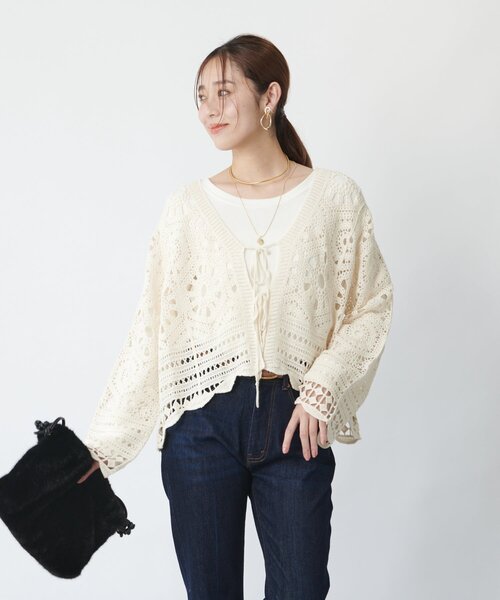 un dix cors（アンディコール）の「《大人フェミニンな透け感カーデ》クロシェ長袖カーデ（カーディガン/ボレロ・レディース・アイボリー/ブラック・FREE）」の21枚目の写真