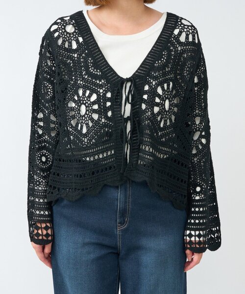 un dix cors（アンディコール）の「《大人フェミニンな透け感カーデ》クロシェ長袖カーデ（カーディガン/ボレロ・レディース・アイボリー/ブラック・FREE）」の8枚目の写真