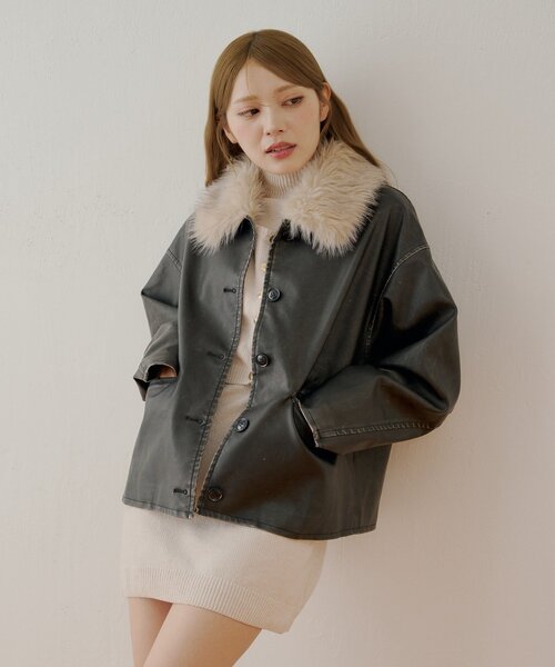 セール】ファー取り外しレザールーズシャツジャケット（その他