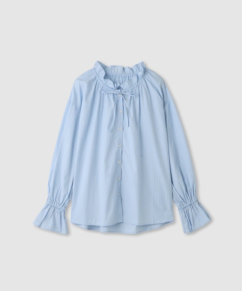 Mac-House(マックハウス)の「Idnes 上品な甘さをまとう ストライプフリルブラウス(シャツ/ブラウス・レディース・キャメル/ライトグレー/サックスブルー・M)」の11枚目の写真