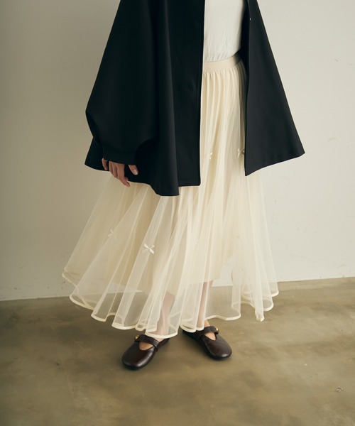 Lunea（ルネア）の「リボンチュールロングスカート（スカート・レディース・ブラック/ブラウン/ホワイト・FREE）」の4枚目の写真