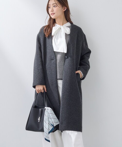 新品タグ付き　INDIVI インディヴィ ノーカラーチェスターコート　ネイビー 軽量／ウール混】ライトフォルム ロングコート（ノーカラーコート