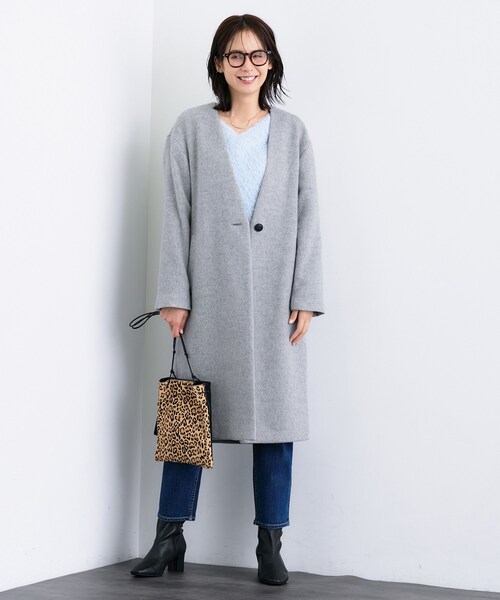 INDIVI（インディヴィ）の「【軽量／ウール混】ライトフォルム ロングコート（ノーカラーコート・レディース・ライトグレー系8/グレー系その他7/ベージュ系9・05/13/15 /36/38/40/03）」の7枚目の写真