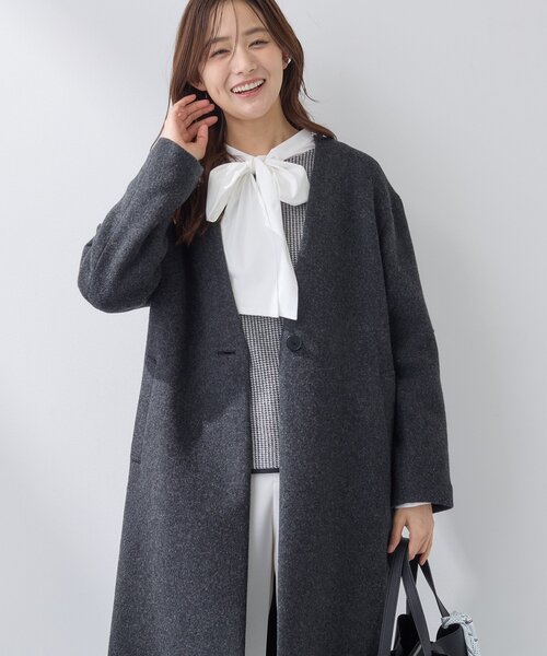 INDIVI（インディヴィ）の「【軽量／ウール混】ライトフォルム ロングコート（ノーカラーコート・レディース・ライトグレー系8/グレー系その他7/ベージュ系9・05/13/15 /36/38/40/03）」の9枚目の写真