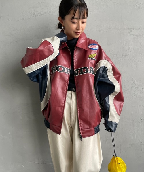 HONDA レザー ジャケット プリカーナ　レディース　刺繍　ヴィンテージ 赤白 セール】[HONDA×JEANS FACTORY/ホンダ×ジーンズファクトリー] HONDA