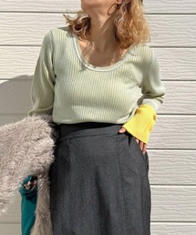 Q | リブリブラインUネックニット(ニット/セーター)