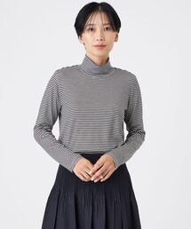 【ウォッシャブル】ハーフミラノリブボーダーハイネックプルオーバー