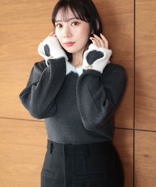 Ruwan yu(ルワンユー)の「バイカラーファーポイントリブニット【大きいサイズ対応】(ニット/セーター・レディース・チャコール/ブラック・L/LL/3L/4L)」の7枚目の写真