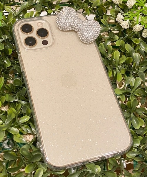 iPhone15 16 17対応 グレー ラメ スマホケース iPhone15/16/17対応 プラスマホケース/ラメリボン（スマホケース