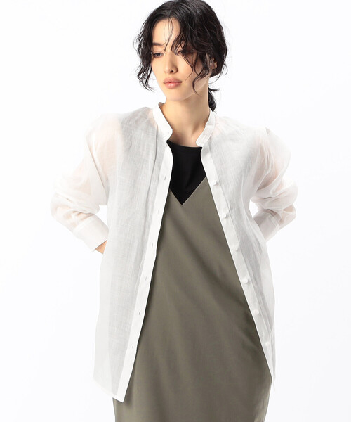 Gabardine K.T(ギャバジンケーティー)の「〔 +サイズ 〕 シアー ラミー麻 バンドカラーシャツ(シャツ/ブラウス・レディース・ブラック/ホワイト・15号)」の1枚目の写真